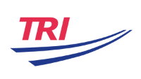Die roten Buchstaben "TRI" stehen über zwei dunkelblauen geschwungenen Linien.