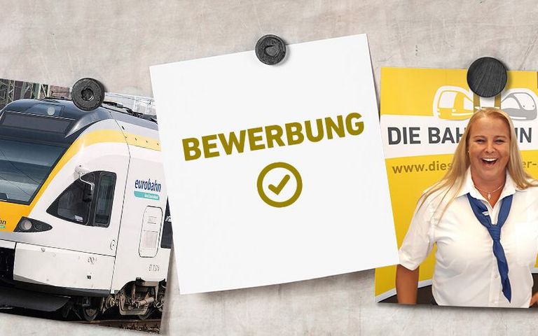 Eine Pinnwand an der mehrere Bilder hängen. Zu sehen sind ein Zug der eruobahn, Das Wort "Bewerbung" mit einem Haken darunter, ein Portrait von Sabine und ein Bild von Sabine in Warnweste, die in einer Zugwerkstatt sitzt.