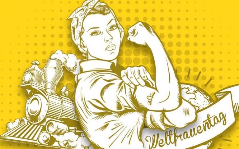 Comic einer Frau, die den Arm anwinkelt und ihre Musekln zeigt. Dahinter ist ein Zug und eine Weltkugel zu sehen, darauf ein Banner mit "Weltfrauentag".