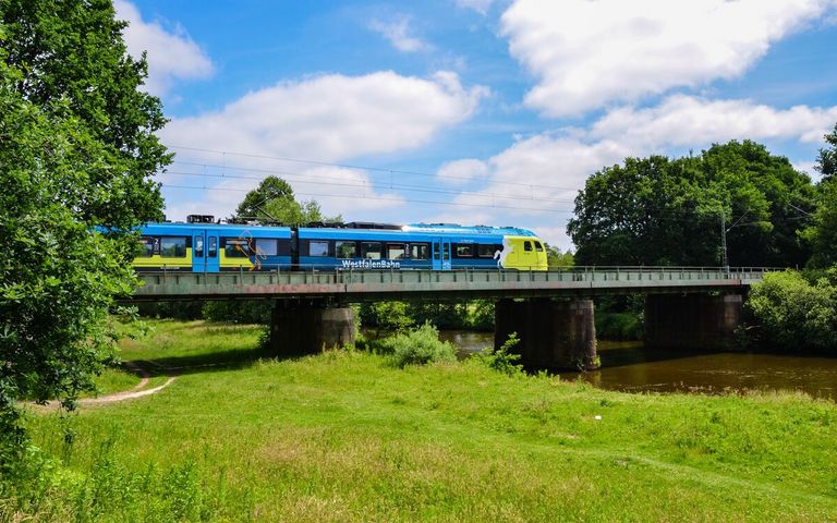 Ein blauer Zug fährt über eine Brücke, die Sonne scheint auf grünes Gras.