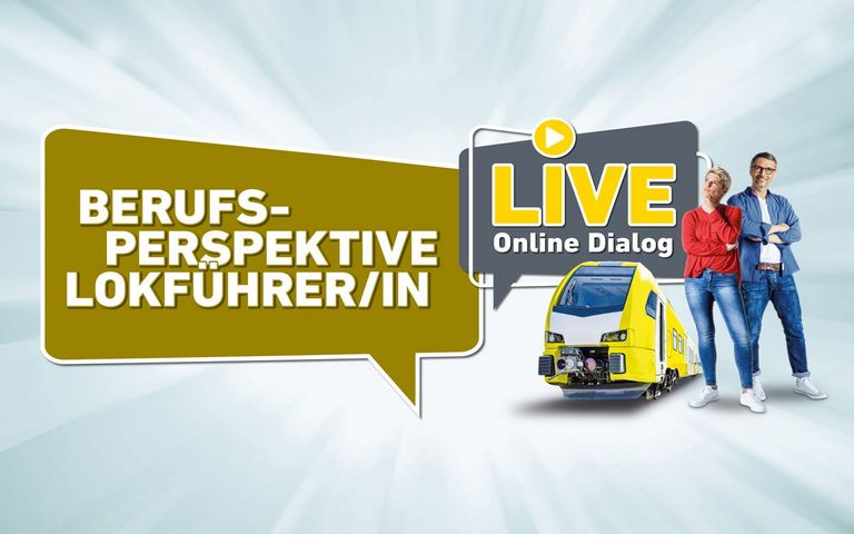 Grafischer Zusammenschnitt: Ein Mann mit überkreuzten Armen und eine Frau mit einer Hand an Kinn, stehen frei im Raum, im Hintergrund ist ein gelber Zug eingesetzt. Neben den Personen schwebt ein Logo für den Live Online Dialog.