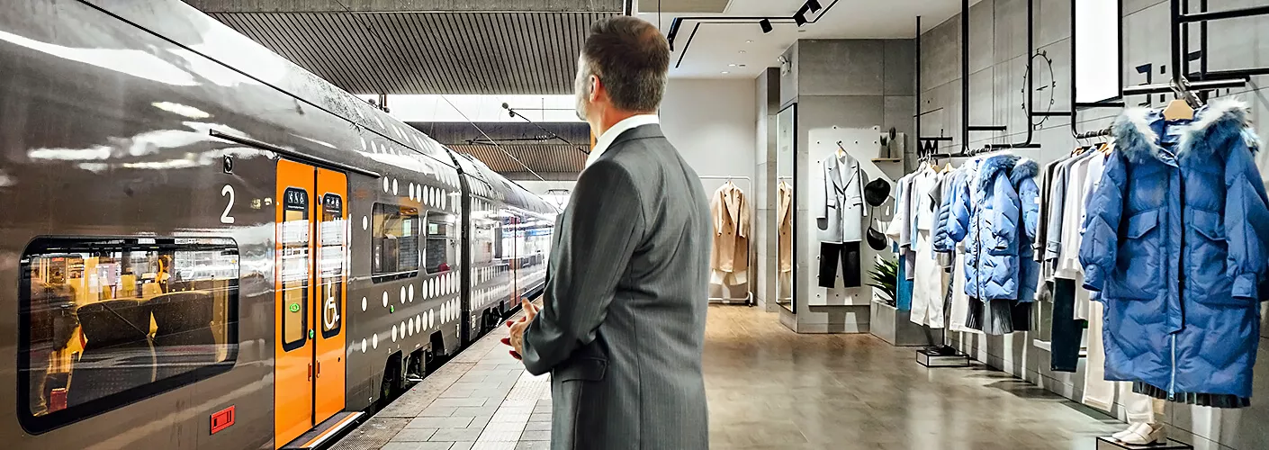 Ein Bildcomposing: Ein Mann steht auf einem Bahnsteig. Vor ihm ist ein RRX-Fahrzeug zu sehen. Hinter ihm ist die Innenansicht eines Kleidungsgeschäfts zu sehen.
